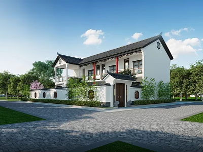 Traditional Chinese Style Detached Villa With Black Tiled Roof White Walls And Courtyard Garden 3d model