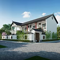 Traditional Chinese Style Detached Villa With Black Tiled Roof White Walls And Courtyard Garden