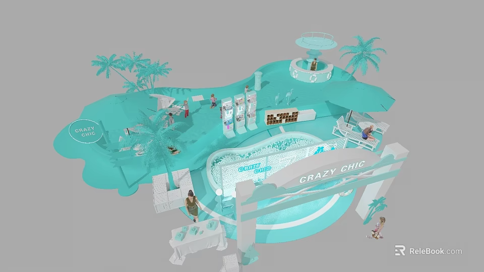 Crazy Girl Themed Exhibition Scene With Pool Palm Trees People And Decorative Design 3d model 