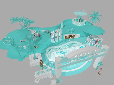 Crazy Girl Themed Exhibition Scene With Pool Palm Trees People And Decorative Design 3d model