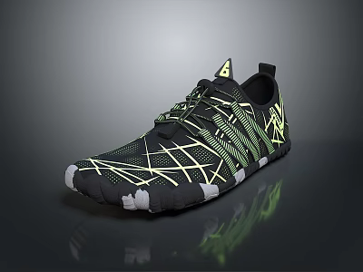 Stylish Black Athletic Shoes With Yellow Patterned Lines And White Rubber Sole 3d model