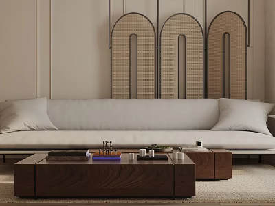 Light Beige Three Seater Sofa with Cushions Against Arched Rattan Wall and Wooden Coffee Table 3d model