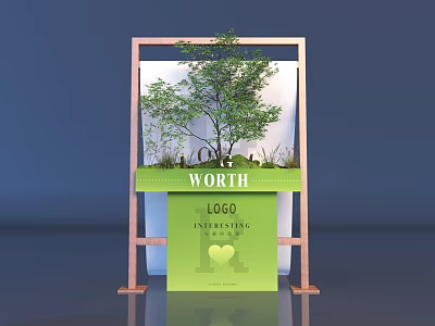 Creative Floral Display Featuring Wooden Frame Green Tree And Decorative Platform 3d model