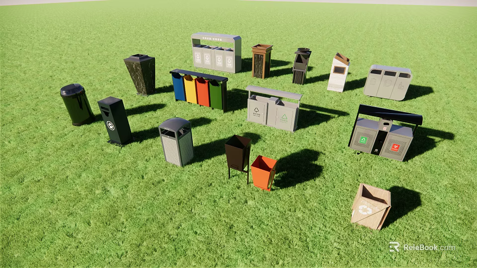 Public Facilities Various Colored Waste Bins In Different Styles On Green Grass 3d model 