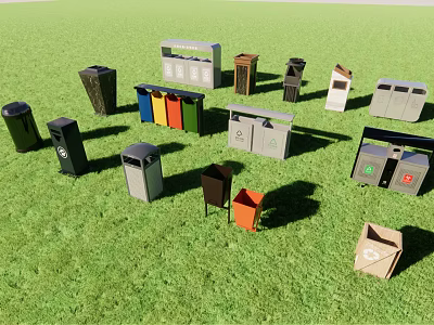 Public Facilities Various Colored Waste Bins In Different Styles On Green Grass 3d model