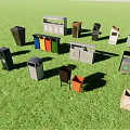 Public Facilities Various Colored Waste Bins In Different Styles On Green Grass