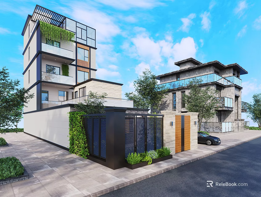 Modern Detached Villa With Glass Balconies Stone Facade And Surrounding Greenery 3d model 