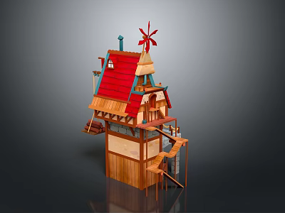 Wooden House With Red Roof Windmill Wooden Staircase And Balcony Design Structure 3d model