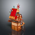 Wooden House With Red Roof Windmill Wooden Staircase And Balcony Design Structure