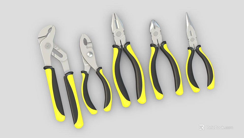Durable Hardware Tools Set Featuring Various Pliers With Yellow Black Handles 3d model 