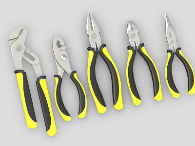 Durable Hardware Tools Set Featuring Various Pliers With Yellow Black Handles 3d model