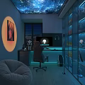 Modern Gaming Room With Starry Sky Ceiling Glass Display Cabinets Collectible Figurines And Gaming Chair