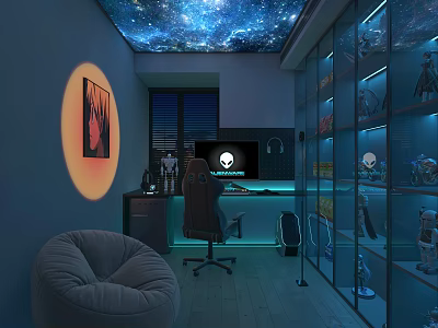 Modern Gaming Room With Starry Sky Ceiling Glass Display Cabinets Collectible Figurines And Gaming Chair 3d model