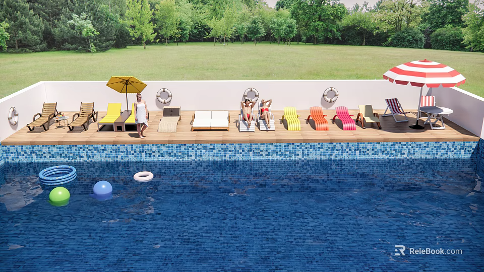 Outdoor Poolside Loungers With Colorful Seats Umbrella And Green Lawn Relaxing Area 3d model 