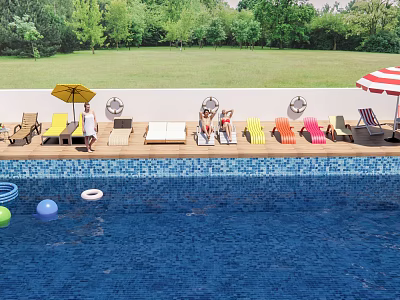 Outdoor Poolside Loungers With Colorful Seats Umbrella And Green Lawn Relaxing Area 3d model