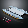 Wooden Boat With Blue Yellow Hull White Planks And Red Oars On Black Background