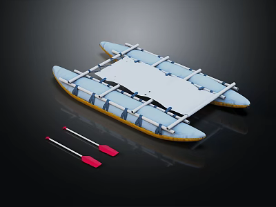 Wooden Boat With Blue Yellow Hull White Planks And Red Oars On Black Background 3d model