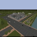 Scenic Commercial Street Featuring Modern Shopping Mall Greenery And Waterfront Vehicles