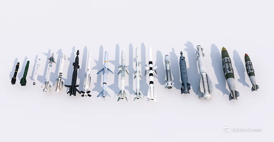 Various Rocket Weapons Models Displayed in Row on White Background 3d model