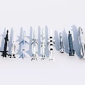 Various Rocket Weapons Models Displayed in Row on White Background 3d model