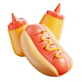 Delicious Hot Dog With Ketchup And Mustard Bottles And Squiggly Mustard Topping