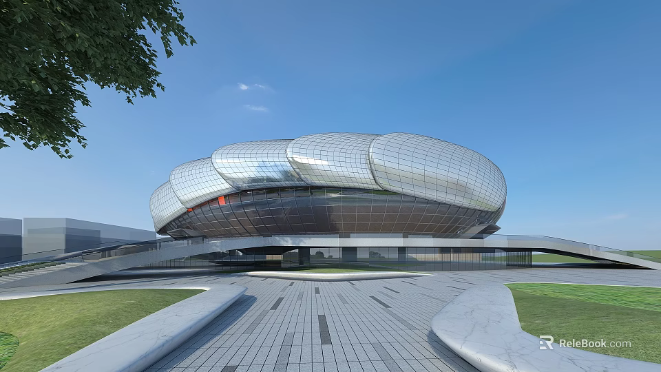 Modern Architectural Landmark With Silver Curved Exterior And Glass Walls Green Lawn And Stone Pavement 3d model 