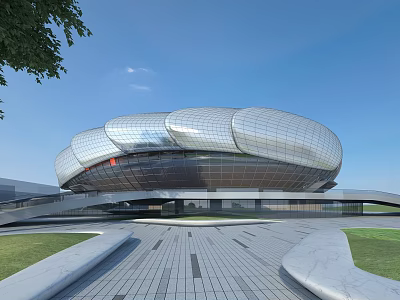 Modern Architectural Landmark With Silver Curved Exterior And Glass Walls Green Lawn And Stone Pavement 3d model