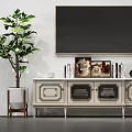 Elegant TV Stand With Wall Mounted TV Decorative Frames Books And Green Plant Accent Chair