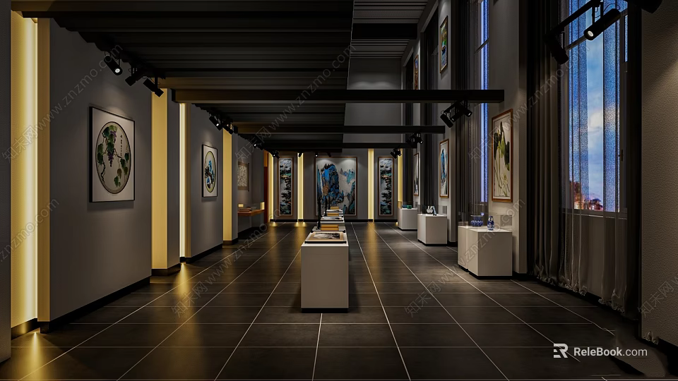Spacious Art Gallery Interior Featuring Displayed Paintings White Stands And Dark Flooring 3d model 
