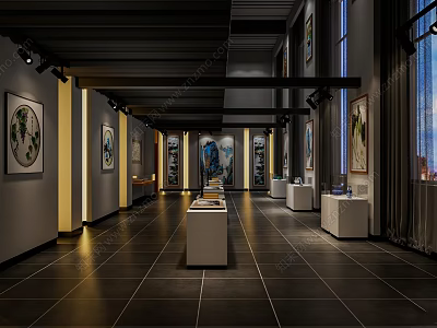Spacious Art Gallery Interior Featuring Displayed Paintings White Stands And Dark Flooring 3d model