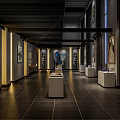 Spacious Art Gallery Interior Featuring Displayed Paintings White Stands And Dark Flooring