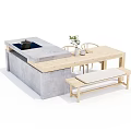 Natural Wooden Dining Table Set With Bench Chair And Marble Top Decor