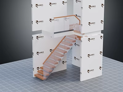 Modern Modular Building Component Structure With Wooden Steps Glass Handrail And White Modules 3d model