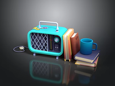 Vintage Blue Radio With Stacked Books And Blue Mug On Dark Surface 3d model