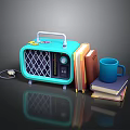 Vintage Blue Radio With Stacked Books And Blue Mug On Dark Surface