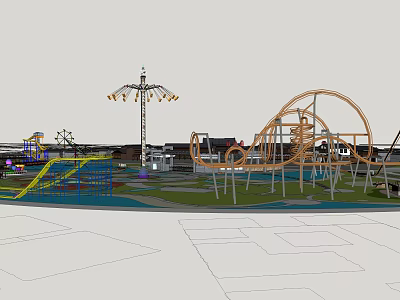 Colorful Amusement Park Scene With Roller Coaster Carousel And Playground Slides 3d model
