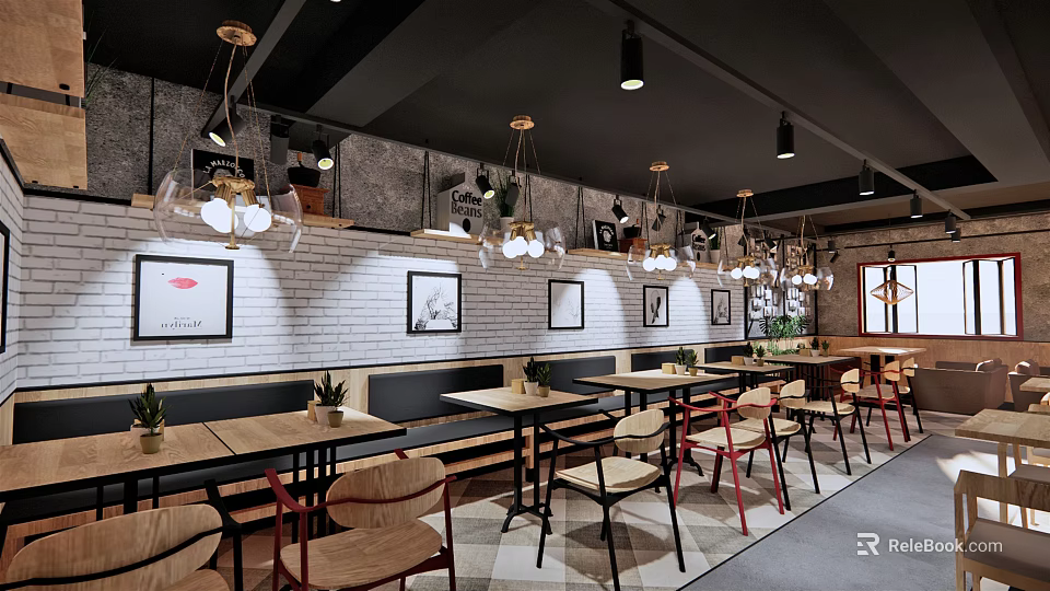 Modern Industrial Café Interior With Wooden Tables Hanging Lights And Brick Walls 3d model 