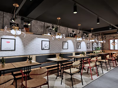 Modern Industrial Café Interior With Wooden Tables Hanging Lights And Brick Walls 3d model