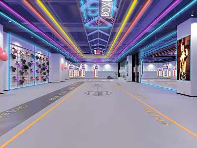 Modern Fitness Gym With Neon Lights Boxing Area Spacious Interior And Workout Equipment 3d model