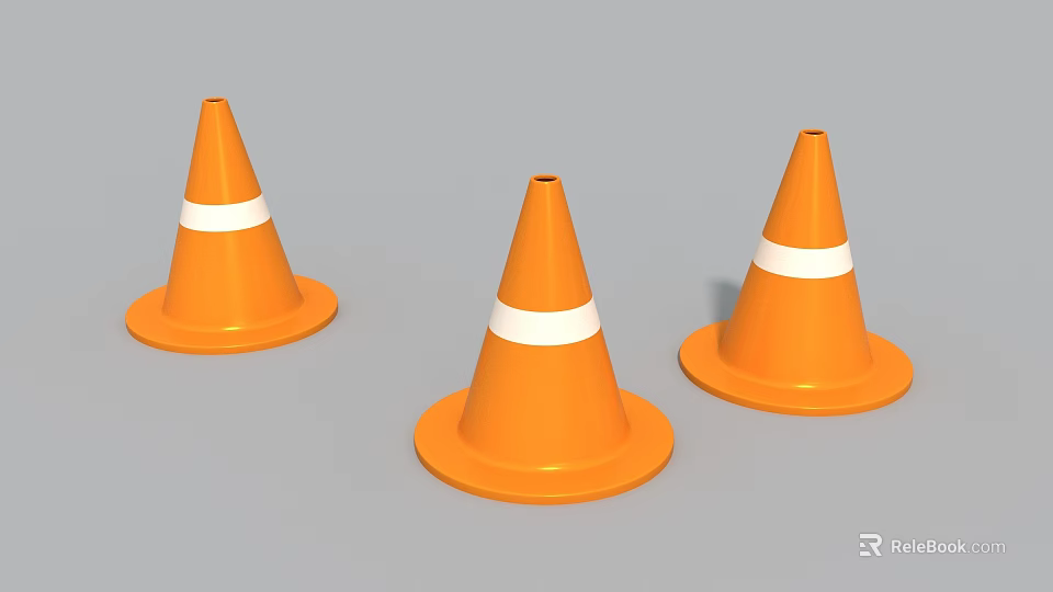 Three Orange Traffic Cones With White Stripes For Road Safety Infrastructure 3d model 
