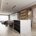 Modern Open Living and Dining Room With Wooden Table Pendant Lights TV Wall And Sofa