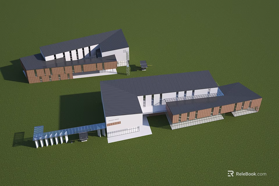 Modern Commercial Complex With Multiple Building Units Gray Roofs And Connecting Structures 3d model