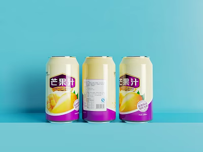 Refreshing Mango Juice Canned Beverage With Light Blue Background And Mango Illustration 3d model