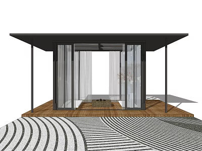 Modern Pavilion With Black Frame Transparent Curtains And Wooden Floor On Striped Ground 3d model