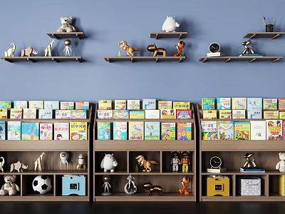 Bookcase with Colorful Books Decorative Figurines Toy Soccer Ball and Wall Shelves on Blue Wall 3d model