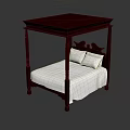 Classic Four Poster Double Bed With Mahogany Frame Carved Headboard White Mattress And Pillows