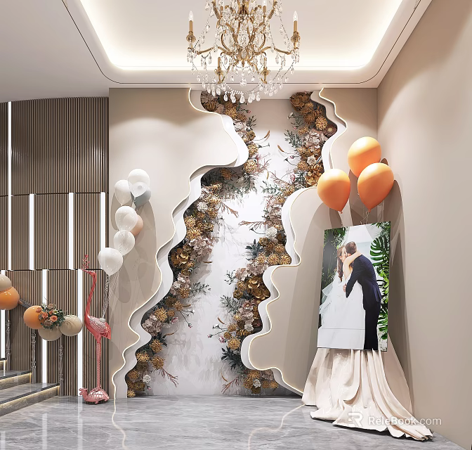 Elegant Wedding Decor With Floral Wall Balloons Photo Frame And Flamingo 3d model 