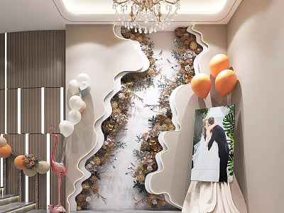Elegant Wedding Decor With Floral Wall Balloons Photo Frame And Flamingo 3d model
