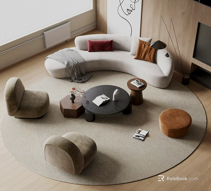 Modern Curved Sofa And Coffee Table Set With Cushions Throw Blanket Stools And Round Rug 3d model 