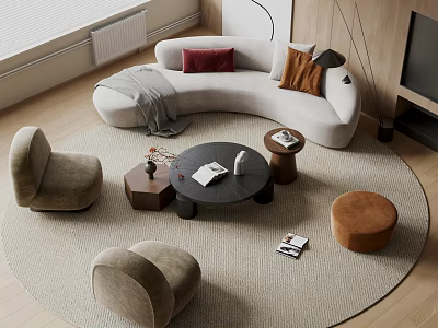 Modern Curved Sofa And Coffee Table Set With Cushions Throw Blanket Stools And Round Rug 3d model